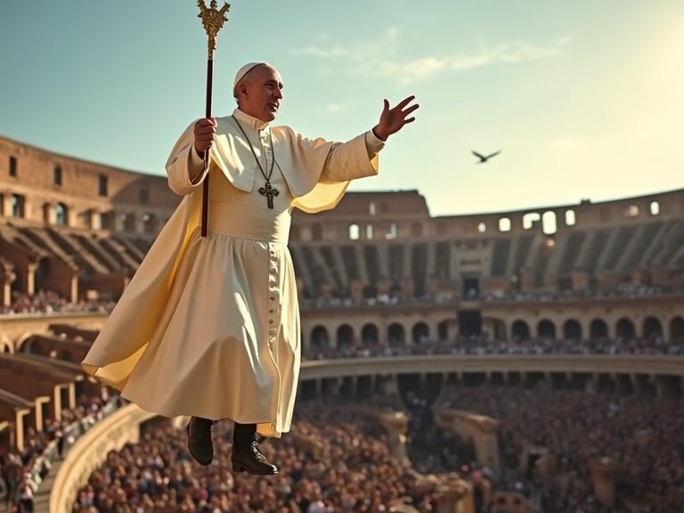 Pope Francis levitating over the ancient Colosseum with a large crowd below. Late afternoon with soft golden light and warm atmosphere.