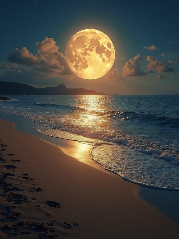 Serene coastal landscape at night features large golden full moon. Moon illuminates calm ocean waves shimmering in gold and silver. Deep blue sky with scattered clouds tinged with orange and pink from moonlight. Smooth sandy beach includes subtle footprints leading towards water. Faint silhouettes of islands in distance enhance depth. Wide composition emphasizes vastness of ocean and sky.