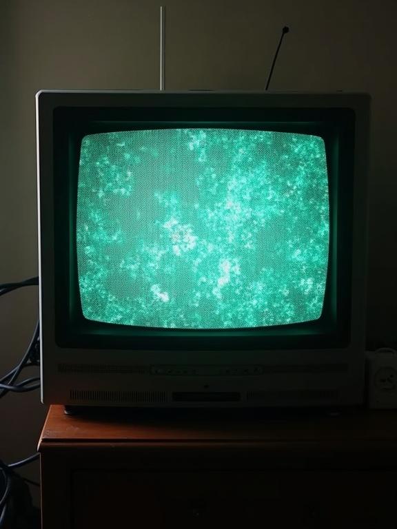 Old CRT television displaying green noise. Camera positioned at a distance from the TV. Retro ambiance with a soft glow.