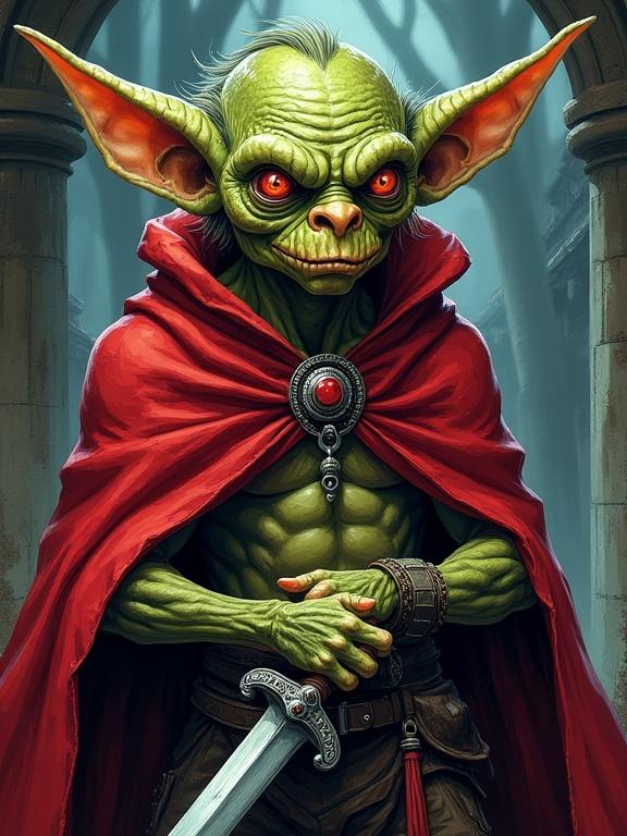 A goblin warlock with distinct features. Character holds a sword and wears a red cloak. Background features a dark fantasy setting with intricate details. Art style inspired by comic books and anime colors. Heavy line work enhances the character's design.