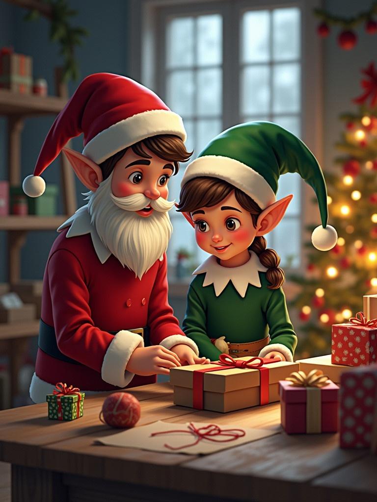 A boy elf and a girl elf help wrap presents at a North Pole workshop. They wear festive outfits. Christmas decorations fill the room. A tree glows in the background. Cozy and festive atmosphere surrounds them.