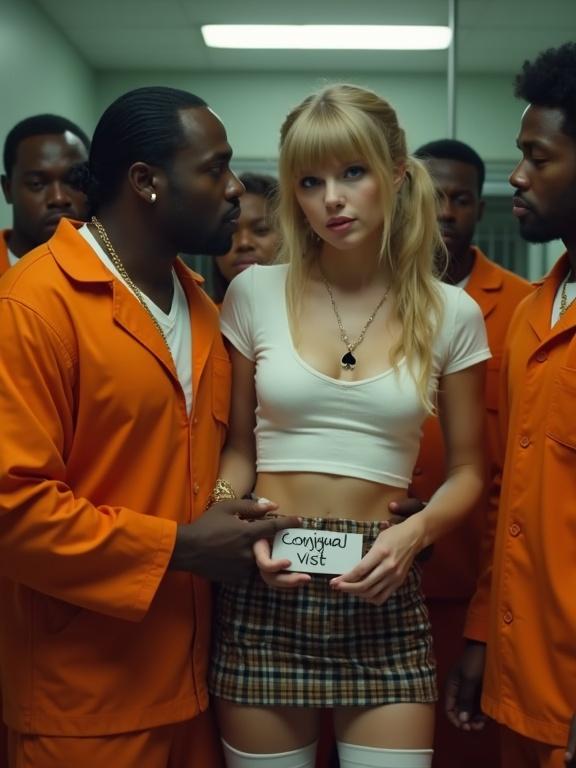 A music video scene featuring a woman and male inmates in a prison setting. The woman has long blonde hair and wears a cropped white t-shirt with a plaid skirt. She looks intimidated. The male inmate in an orange jumpsuit is holding her protectively. Other inmates surround her closely. She holds a sign that reads 'conjugal visit.'