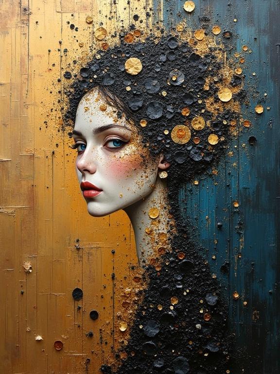 3D abstract portrait with layers of texture. Inspired by Klimt. Mixed media with oil paints. Elements include newspaper, jute, wood, sand, confetti, and origami. Dark colors create depth. Unique artistic textures. Stunning and magical composition.