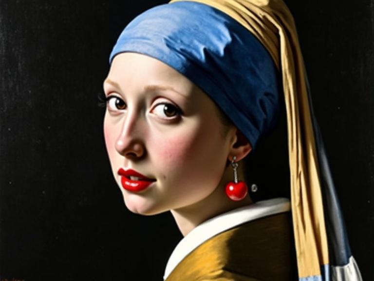 The girl with a cherry earring in a classic style. The girl wears a blue headscarf and a yellow garment. A striking cherry earring adorns her ear. The background is dark, emphasizing her features. The lighting enhances her elegance. A classic artwork inspiration is evident.