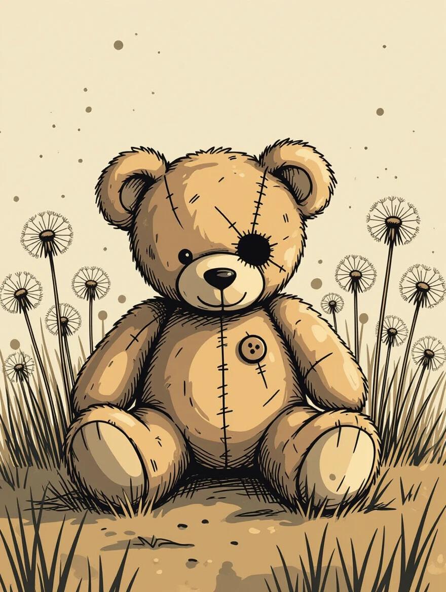 This image features a stitched teddy bear with a button eye missing. The bear sits in a field of dandelions under a muted beige sky. It reflects a surreal children's book style with a subtle horror undertone. The outlines appear sketchy with soft ink splatter texture, evoking feelings of quiet sadness.