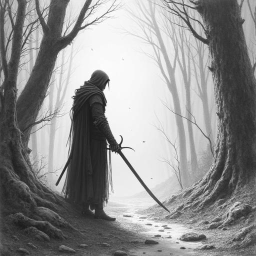 2.5D art depicting a warrior in a fairy forest. Image has a pencil sketch style with rough lines and dramatic lighting. The texture resembles paper.
