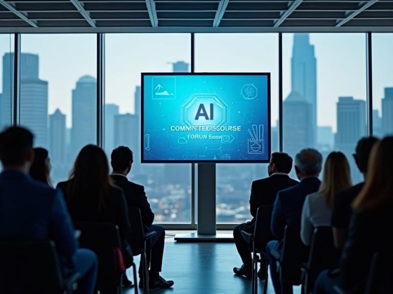 Modern conference room with glass wall City skyline blurred. Screen showcases AI Committee Discourse Forum. Audience seated looking towards screen.