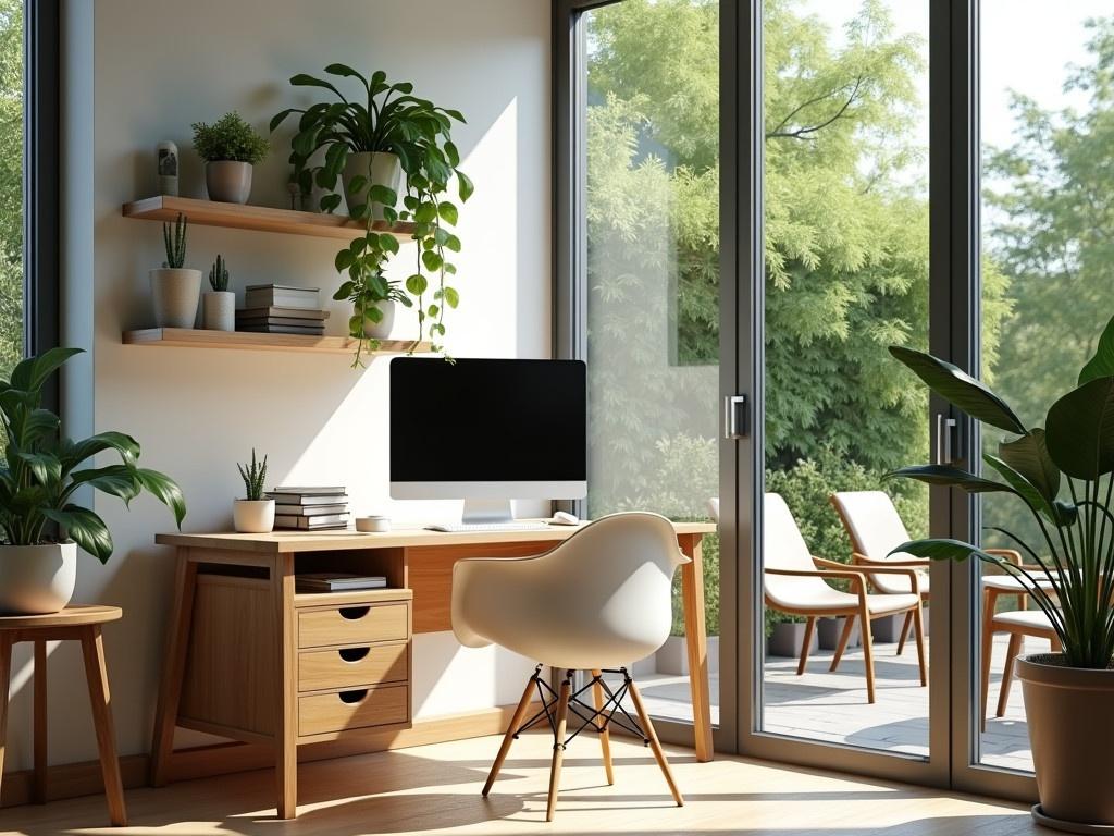 This image shows a bright and inviting home office setup. The design features a simple wooden desk with a black computer screen, a small white vase, and a coffee cup on it. Behind the desk, there are several shelves adorned with various potted plants, adding a touch of greenery to the space. Large glass windows allow natural light to fill the room while offering a view of a lush outdoor garden filled with greenery and patio furniture. A comfortable chair with a sleek design sits at the desk, and a small round table with a plant can be seen in the corner, enhancing the cozy atmosphere.