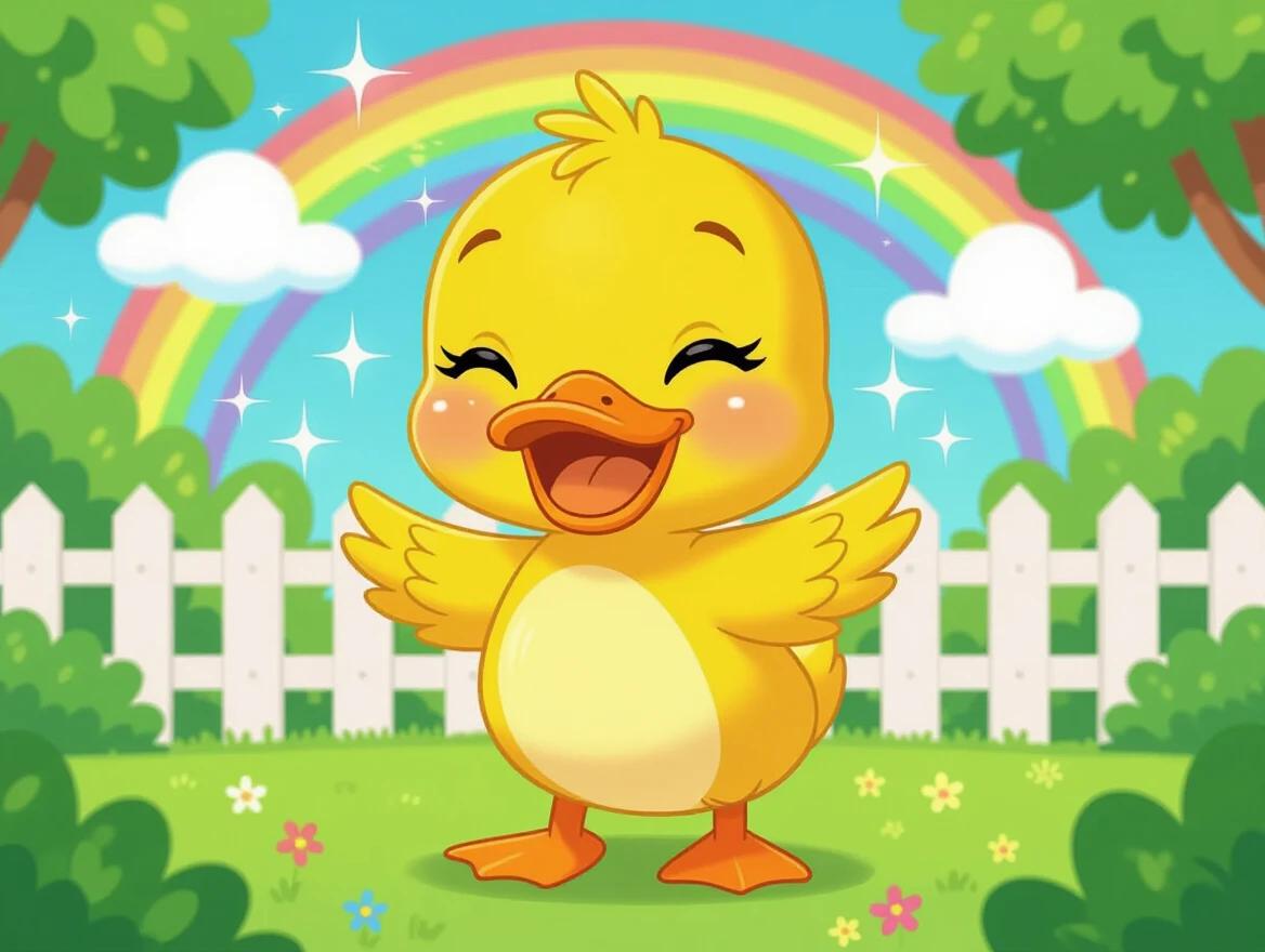 Cartoon-style yellow duckling character with big orange beak smiling widely. Duckling has rounded body standing with wings open. Background features white fence, green bushes, colorful rainbow, fluffy clouds. Scene has soft glowing sparkles. Animation style resembles children's educational cartoon, bright flat colors, clean and friendly.