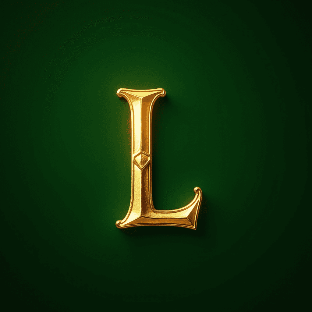 The image features a luxurious and ornate letter 'L', rendered in a shiny golden texture. The letter has an embossed, three-dimensional effect, with intricate details that give it an elegant and sophisticated appearance. The background is a deep, rich green, providing a striking contrast to the golden hue of the letter. The overall composition exudes a sense of refinement and opulence, reminiscent of classic typography and design styles.