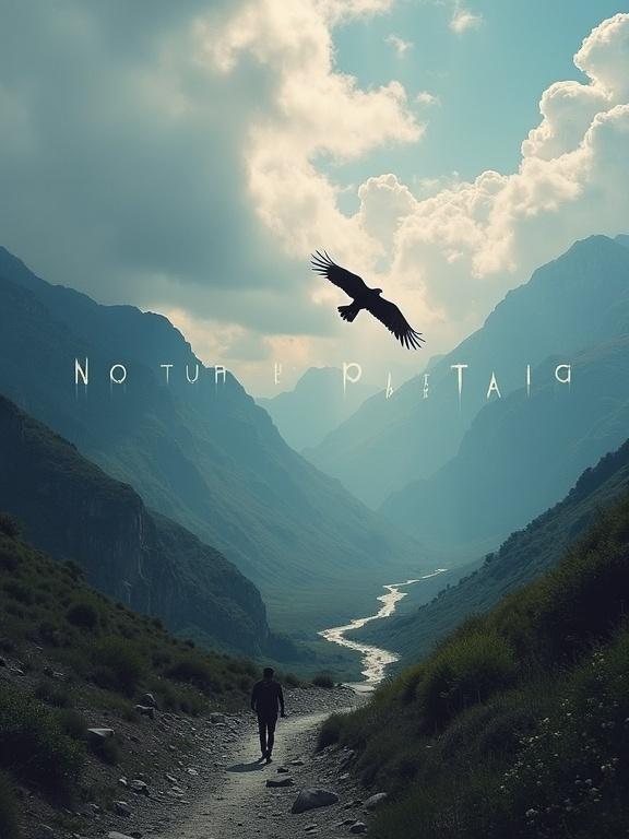 Poetic phrase overlays digital art of Andean landscape. A condor soars high above. Serene clouds frame a winding river. Emotional and elegant style invites contemplation.