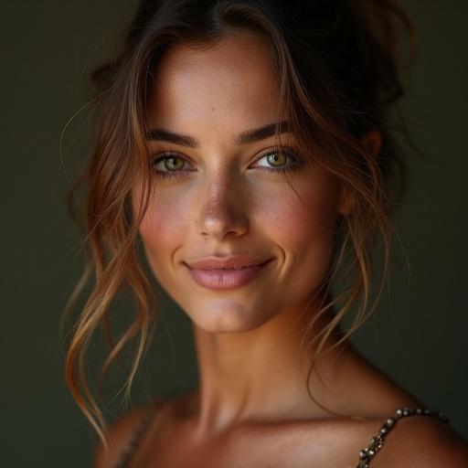 Italian model with green eyes. Smiling at the camera. Age appears around 24 years.