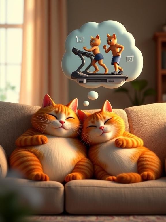 3D render in Pixar animation style. Two anthropomorphic cats, one male and one female, with plump humanoid builds. They relax side-by-side on a plush sofa. Warm orange tabby fur with relaxed postures. Above them, a thought bubble showing them with athletic builds running on treadmills. The living room is cozy and well-lit. The bubble scene is bright and energetic. Detailed textures, volumetric lighting, expressive design.