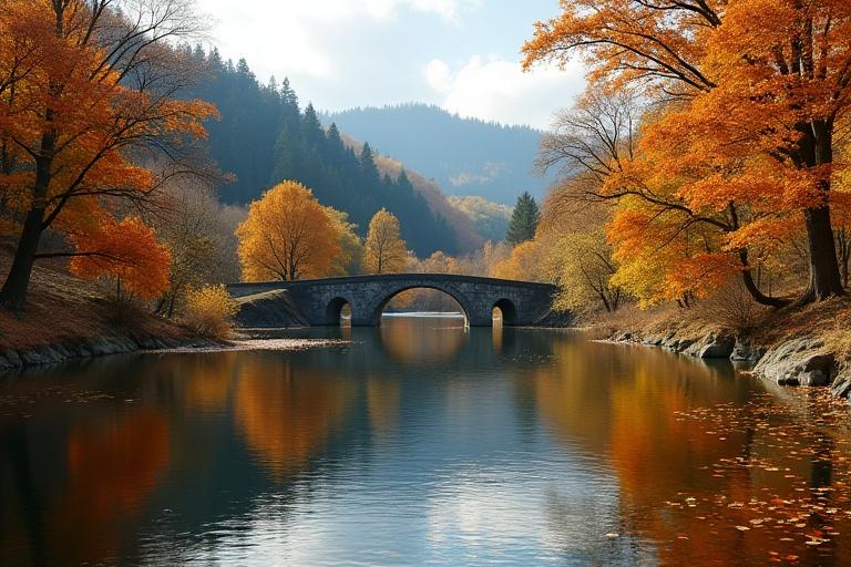 Autumn landscape with a calm river reflecting vibrant trees. Stone bridge in the middle ground. Dense evergreen forest in the background. Partly cloudy sky with soft light. Peaceful and tranquil atmosphere.