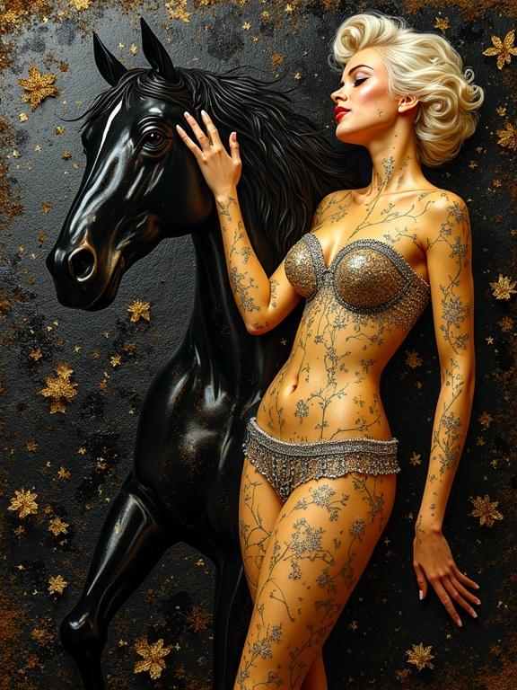 A striking multi-layered artwork featuring a woman with a glamorous look, adorned with jewelry. She stands next to a black horse, blending human and animal forms in an artistic way. The background is embellished with gold accents and floral motifs. Emphasis on intricate details and whimsy in style.