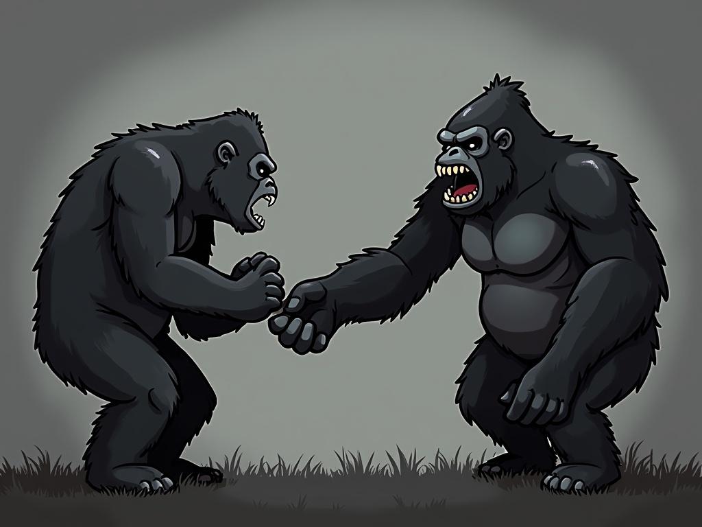 Two cartoon gorillas stand facing each other. One gorilla looks more aggressive with a confident stance. The other gorilla appears tense and defensive. Background is dark with a subtle light highlighting the gorillas. Grass is visible at their feet.