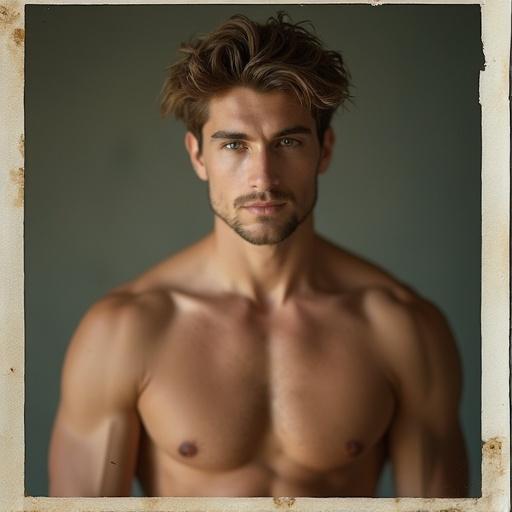 Photograph of a male model. Light brown hair. Muscular upper body. Serious look. Polaroid style. Upper body frame.
