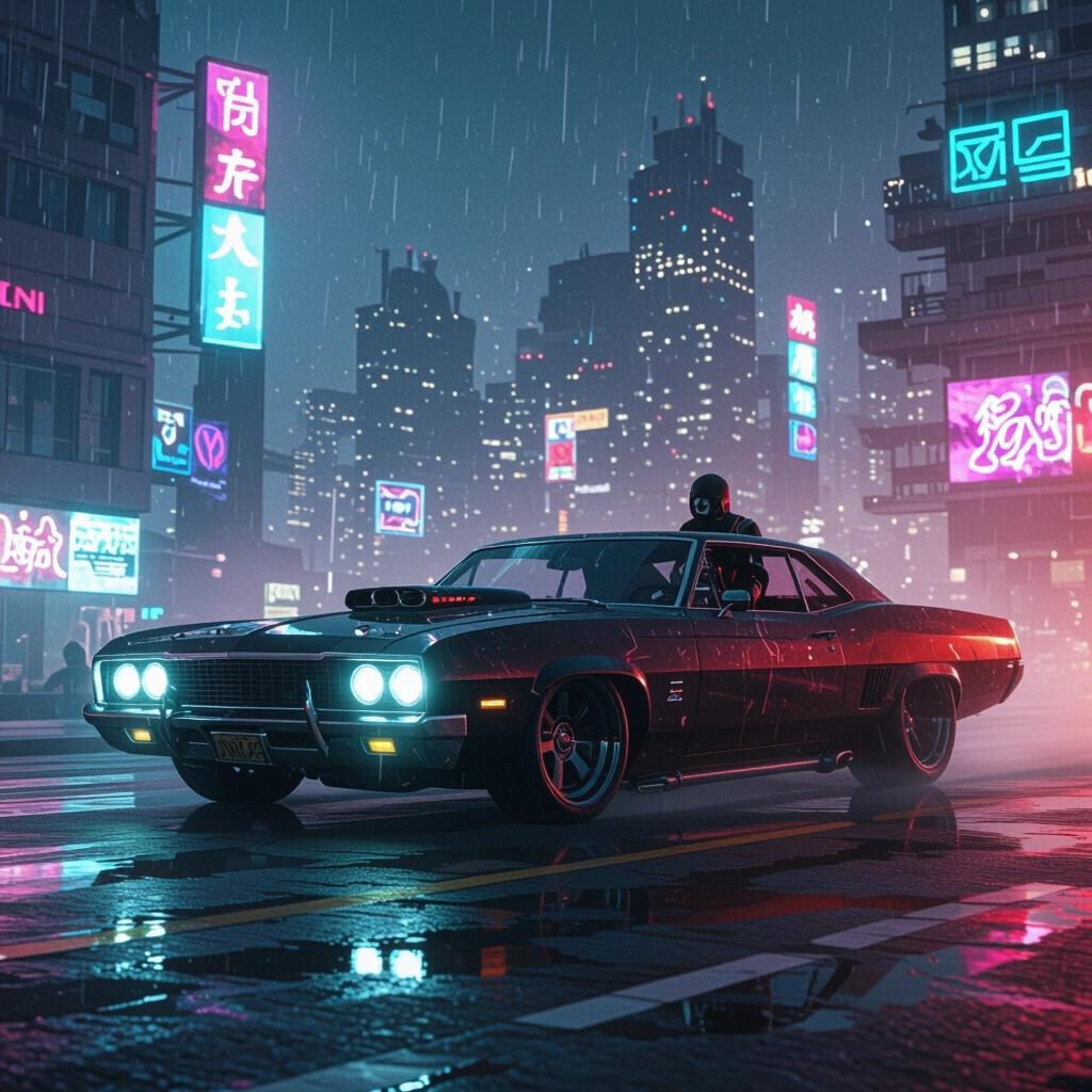 Futuristic low rider in a dark urban scene with neon lights, rain effects, and a vibrant city backdrop.