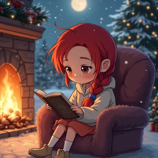 A cozy indoor winter scene featuring a cute young girl with red braided hair sitting in a furry chair and reading a book. A fireplace is nearby with warm lighting, and a snowy night scene is visible through the window. The atmosphere is festive with soft colors and inviting decor.
