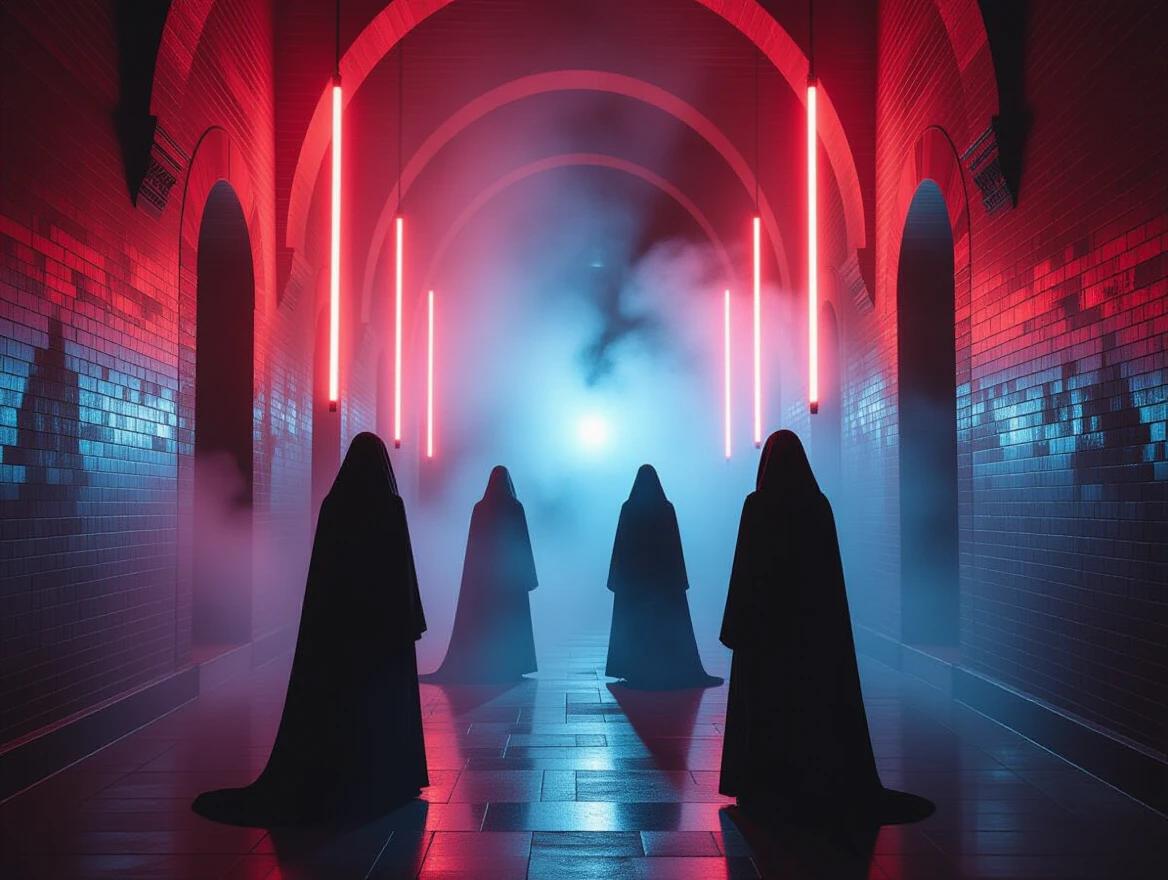 Four figures stand silhouetted in a corridor. The corridor has dramatic arched walls. Vertical red neon tubes illuminate the space. A faint blue mist swirls in the center. Shadows mix with bright lights to create a mysterious atmosphere.