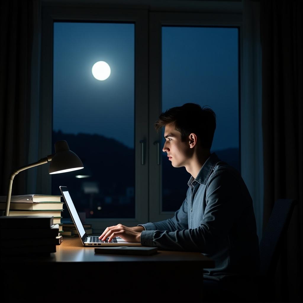 Young man working at a desk late at night on laptop. Room dimly lit with desk lamp. Bright full moon outside window. Stacks of books scattered on desk. Expression shows focus and determination.