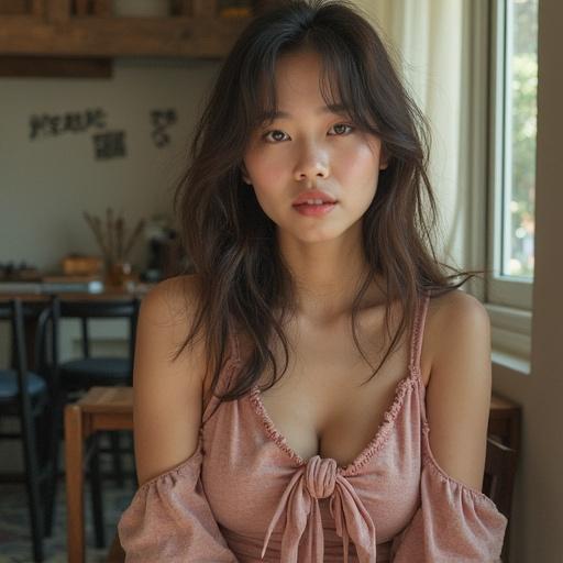 Realistic portrait of an exceptionally beautiful Asian woman. She wears a soft pink outfit with a bow. The background features a cozy interior.