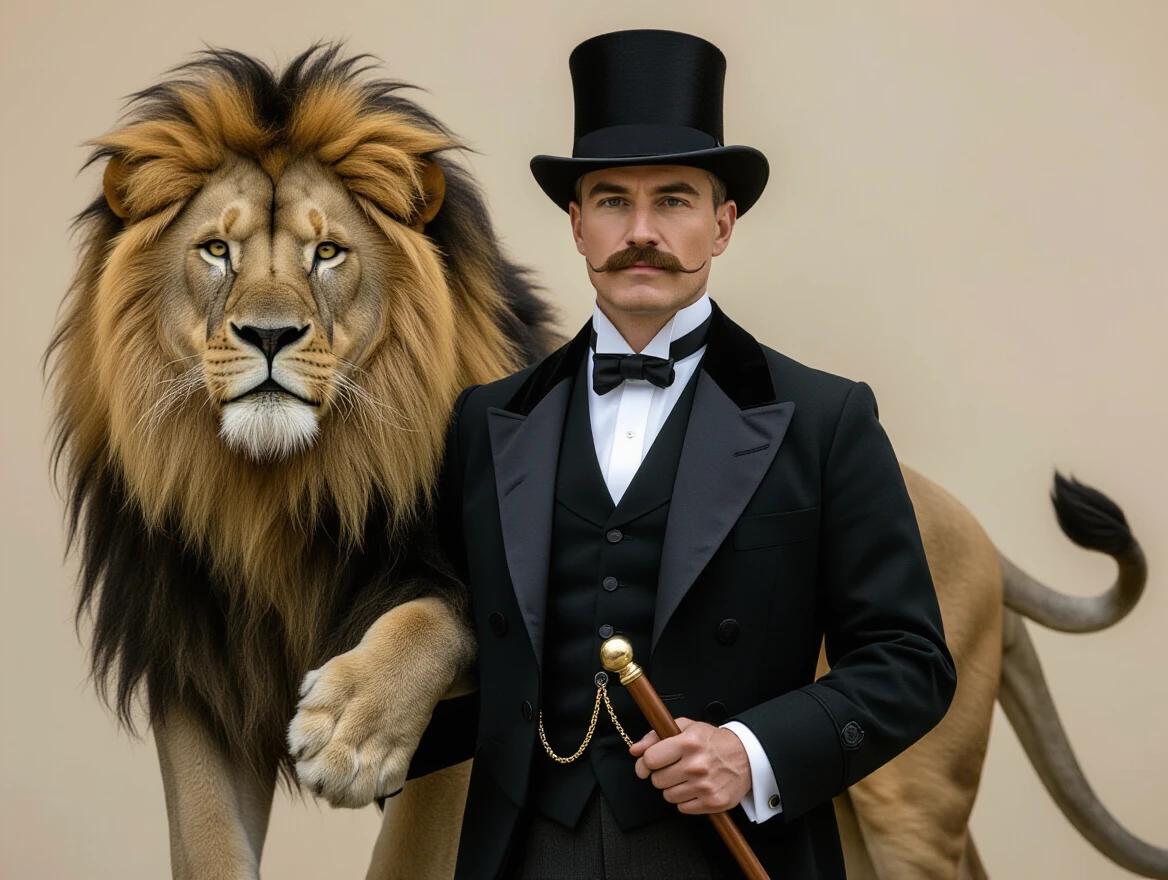 A man has the body of a lion. Head is a hybrid between a lion and human. He wears a bowler hat and a Victorian suit. He holds a cane from the same era.