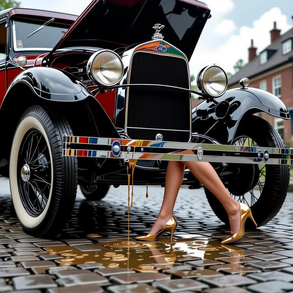 A woman repairs a vintage Ford Model A. Only legs and high-heeled shoes are visible. The car is tilted on a jack with the hood open. Steam is rising and oil drips onto the cobblestones. The scene is hyper-detailed and shows engine grease and chrome reflections. It captures an authentic 1920s atmosphere in a realistic style.