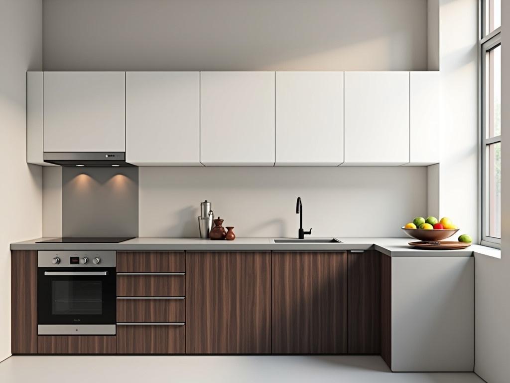 The image depicts a modern kitchen with a sleek design. It features a combination of dark wooden cabinets and white upper cabinets. A silver-toned countertop complements the overall aesthetic, providing a clean work surface. In the corner, a bowl of colorful fruits adds a pop of color to the kitchen space. The kitchen is well-lit and includes a stainless steel sink and an oven, emphasizing its functionality. The walls are painted in neutral tones, creating a bright and airy feel. Overall, it conveys a contemporary and minimalist style.