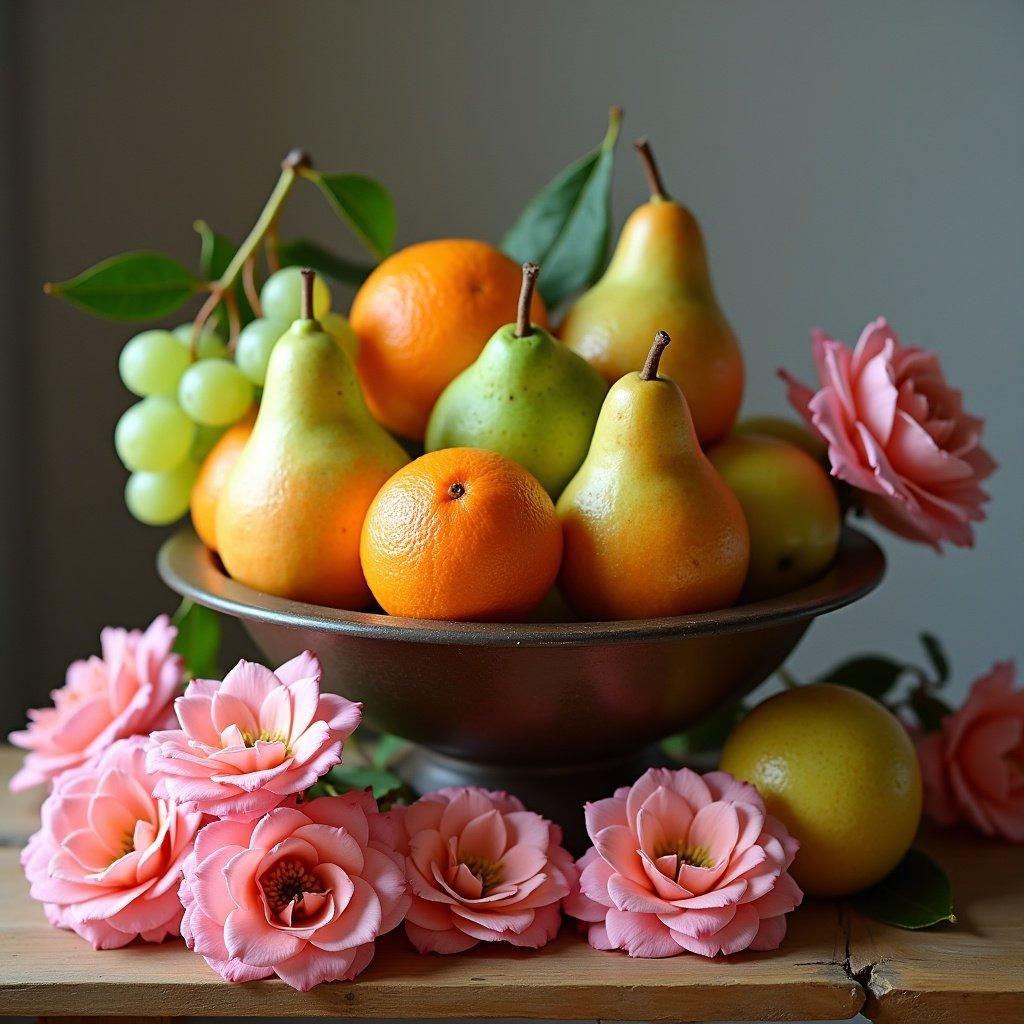 Still life arrangement of fruits in a bowl. Bowl includes oranges, pears, and green grapes. Surrounding area features pink flowers. Fruits placed on a wooden surface with soft natural light illuminating the scene.