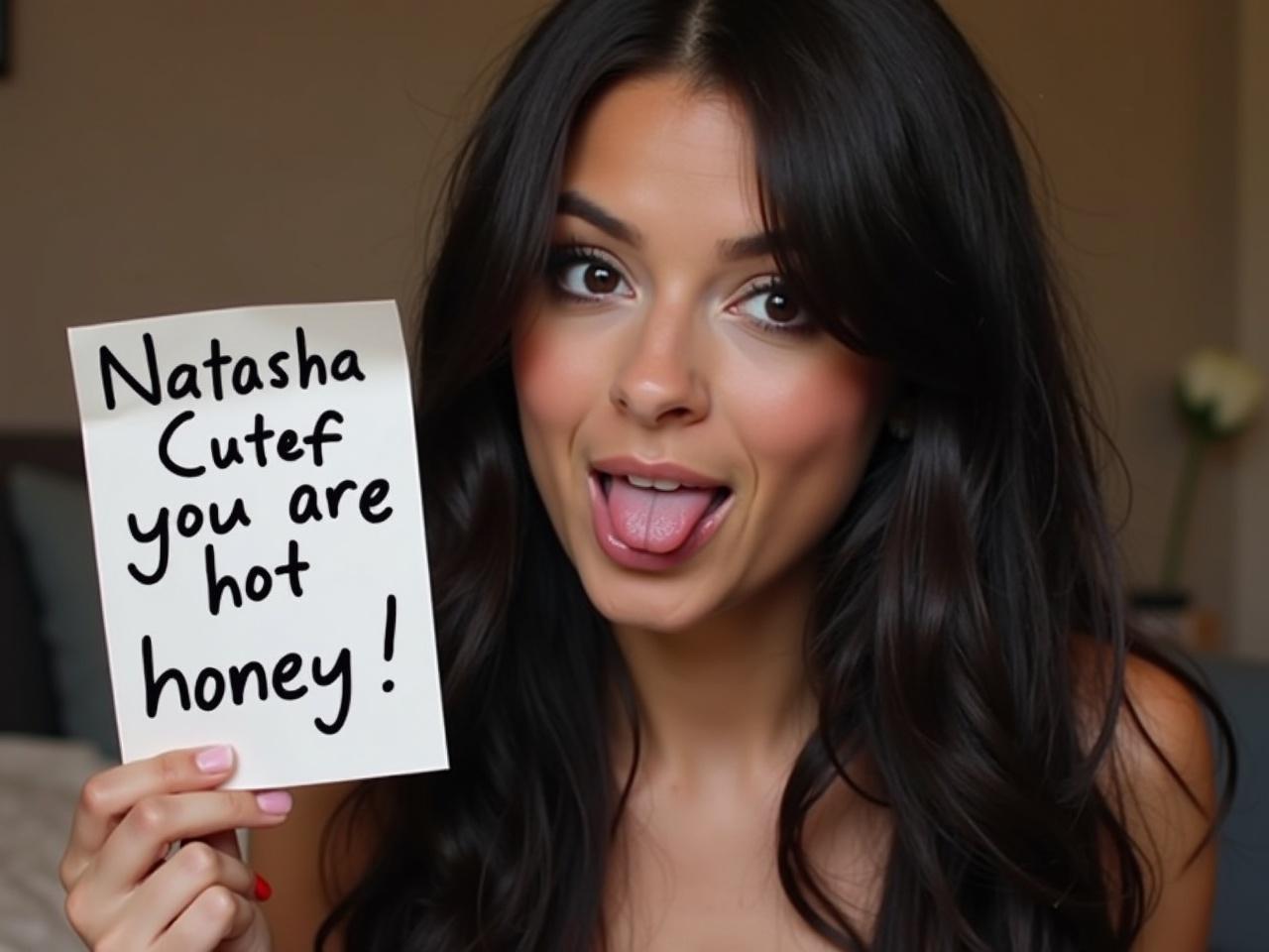 A young woman with long dark hair and striking features poses playfully. She has a confident expression, playfully sticking out her tongue. She is holding a piece of paper in one hand, which has the phrase 'Natasha Cutef you are hot honey!' written in slim black-grey handwritten style. The background is casual and cozy, adding to the relaxed vibe of the scene. The focus is on her facial expression and the paper she is holding, creating a fun and flirty atmosphere.