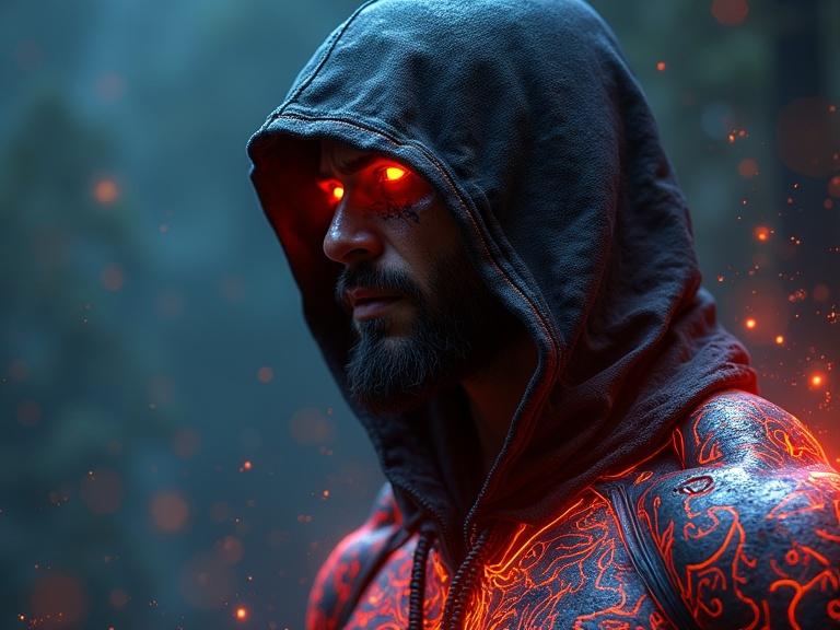 Generate an image of a powerful warrior with glowing eyes and a hood. The warrior has a scar on his face. Glowing red and black tattoos cover his body. He has muscular armored arms with glowing blue tattoos. A vibrant neon glow creates a cyberpunk atmosphere. Dragons symbolize his spirit. The overall vibe conveys fire and flame effects.