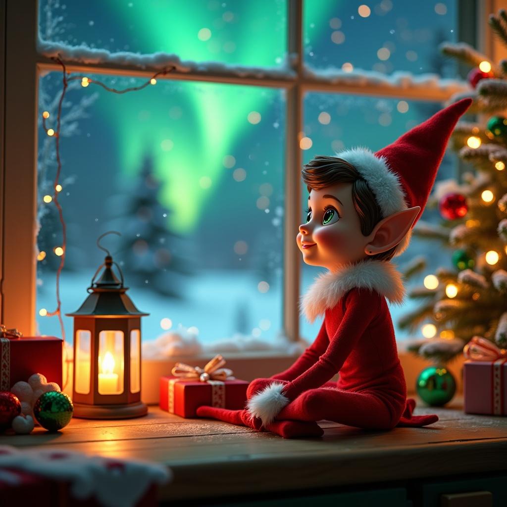 A girl elf sitting on a wooden table gazes at northern lights from a wintery window. She wears a vibrant red outfit with a fluffy white collar. A glowing lantern sits beside her, enhancing the magic of the scene. The background features a decorated Christmas tree with lights and ornaments. The atmosphere is joyful and enchanting, embodying the essence of Christmas.