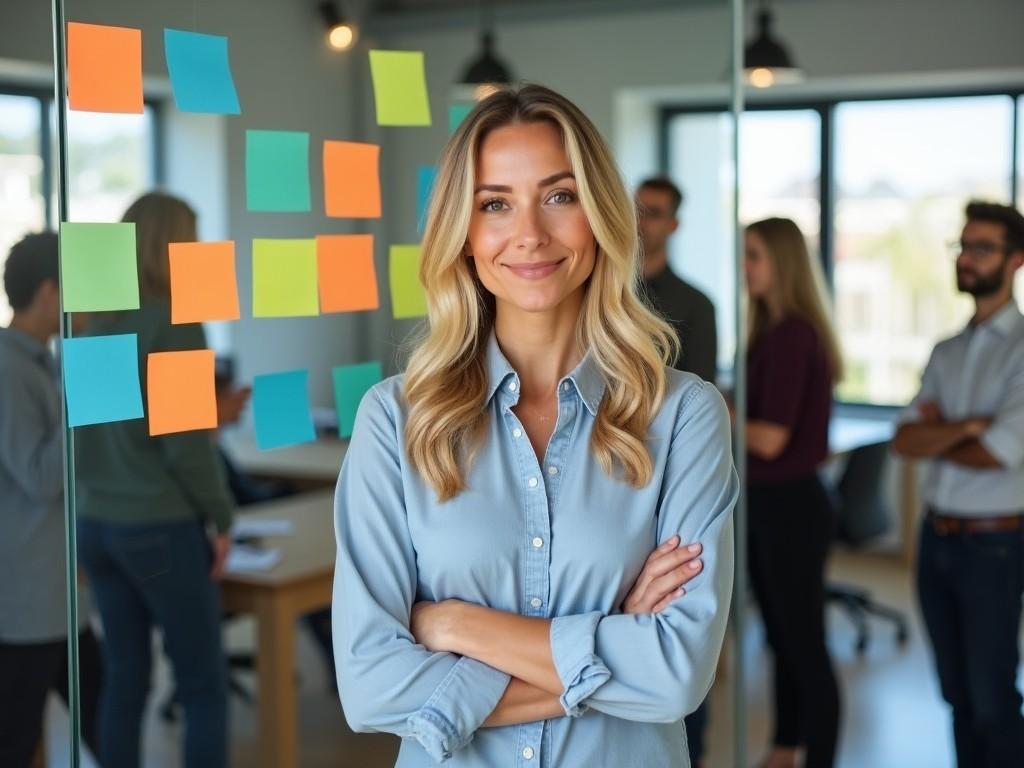 A blonde woman stands confidently in front of a glass wall decorated with colorful sticky notes. She has a welcoming smile and arms crossed, showcasing her confidence. In the background, colleagues are engaged in discussions, creating a lively office atmosphere. The setting is bright and modern, enhancing a sense of teamwork and collaboration. This image captures the essence of a productive work environment.