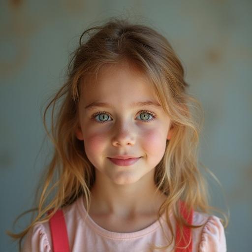 A portrait of a young girl with blonde hair and blue eyes. She looks cheerful and innocent. Background is softly blurred.
