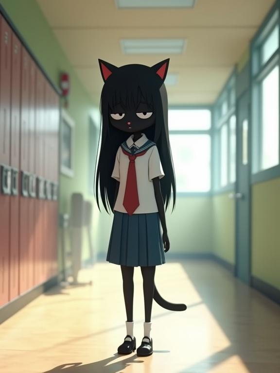 A humanoid cat girl with long black hair wears a school uniform. She stands alone in a bright school hallway. Her posture is slouched. Expression is heartbroken. Eyes look down with emotion. The lighting is soft. There are lockers and windows casting shadows.