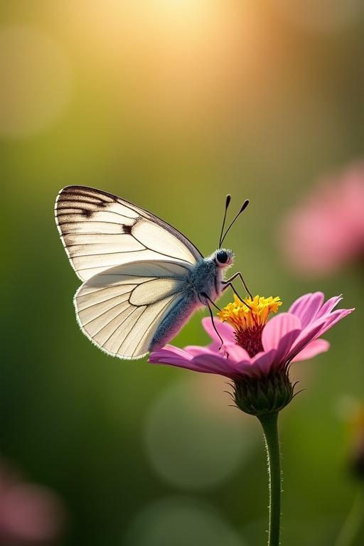 White butterfly with dark pink accents on wings sitting on a pink flower. Beautiful garden setting with sunlight filtering through green foliage. Soft background bokeh enhances the serene atmosphere.