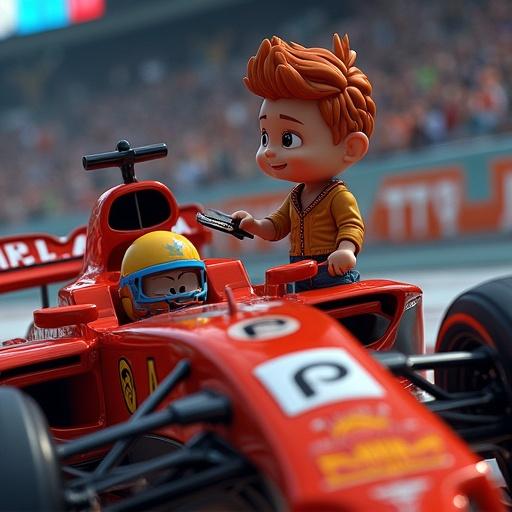 A cartoon child is driving a miniature race car on a racetrack. The scene captures the excitement of racing with vibrant colors and dynamic movement.