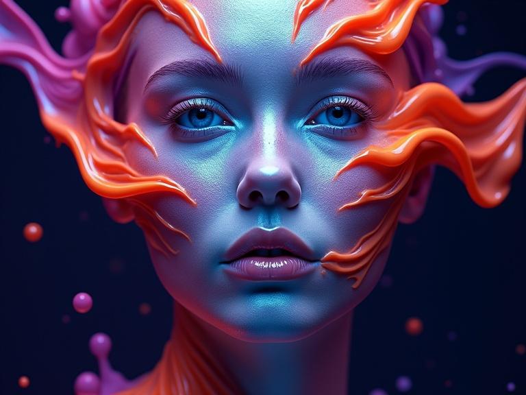 Surreal portrait of a face with metallic blue complexion. Vibrant liquid patterns in orange pink purple. Striking blue eyes and glossy lips. Colorful streams create abstract cosmic effect. Dark purple background enhances contrast.
