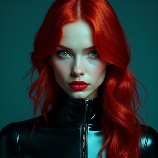 Highly detailed digital portrait of woman with porcelain-blue skin and crimson red hair. She has piercing green eyes and full lips. Wearing black leather outfit with high collar. Background is deep moody blue-black gradient. Soft shadows create a dramatic atmosphere.