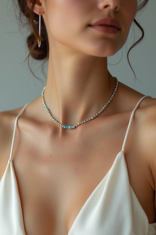 Photorealistic image of a refined female model in her late 20s. Model has fair-to-olive skin and a sleek low bun. She wears a minimalist 18k white gold tennis necklace featuring 70 round cut aquamarines. The stones are flawless teal-blue. Model's attire is an ivory silk camisole. The posture is relaxed yet elegant. The lighting is soft with a subtle backlight enhancing the necklace. Focus is on the necklace. Background is light gray with texture.