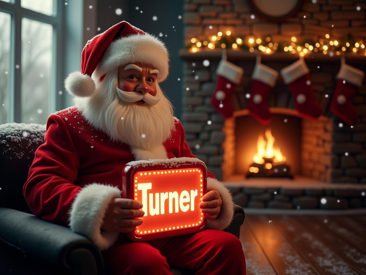 The scene depicts a festive holiday setting, featuring a figure in a red suit with white fur trim, commonly associated with Christmas. This character is seated comfortably, holding a glowing sign that reads "Turner." The background showcases a cozy fireplace adorned with stockings, enhancing the warm atmosphere. Snowflakes gently fall, adding to the winter charm of the scene. Soft lighting from the window and the fireplace creates a magical ambiance, making it perfect for the holiday season.