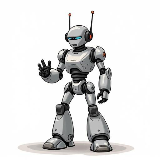 Robot character depicted in a full-body view. Cartoon style with a line drawing approach. The robot has antennas and is making a peace sign with its hand. It has a sleek, modern design suited for entertainment or educational purposes.