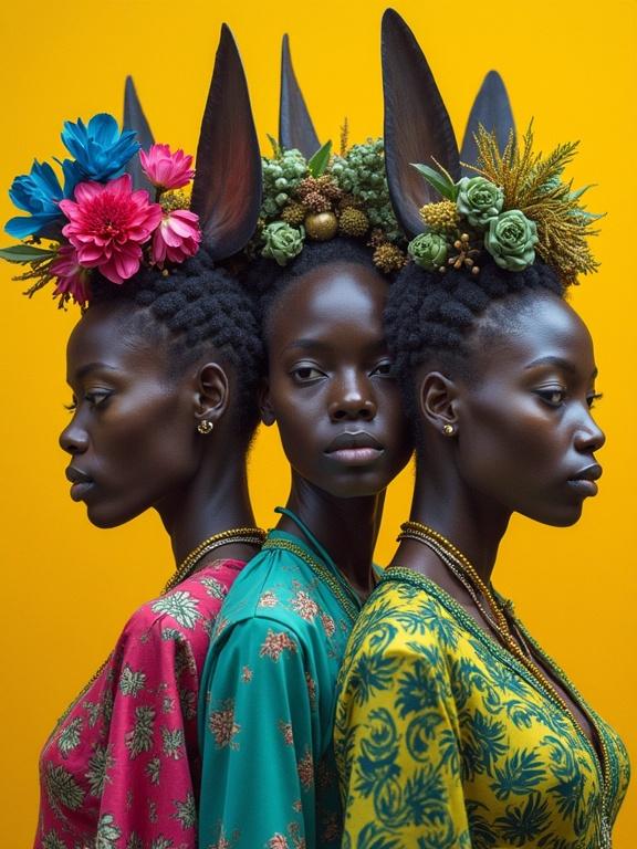 Surreal portrait featuring three beautiful women with exaggerated ear accessories and floral decorations. They wear eccentric attire in green, magenta, blue, and yellow shades. The background is a vibrant yellow ocher.