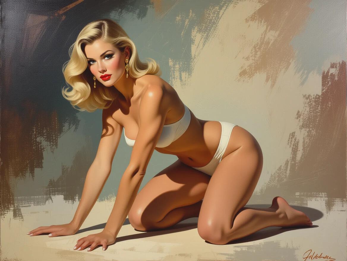 A beautiful feminine model from the 1960s. The model is in a doggy position on her hands and knees. The pose is captured from a 2/3rds side. The artistic style is experimental and abstract, resembling oil on canvas. Blonde hair frames her face. She wears earrings, and her body is fit and muscular with prominent curves. The lighting is dramatic, creating a romantic atmosphere.