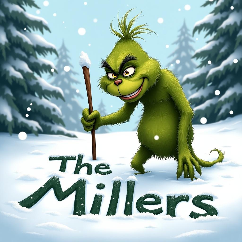 Grinch holding a stick stands in a snowy landscape. The text The Millers appears in the snow.