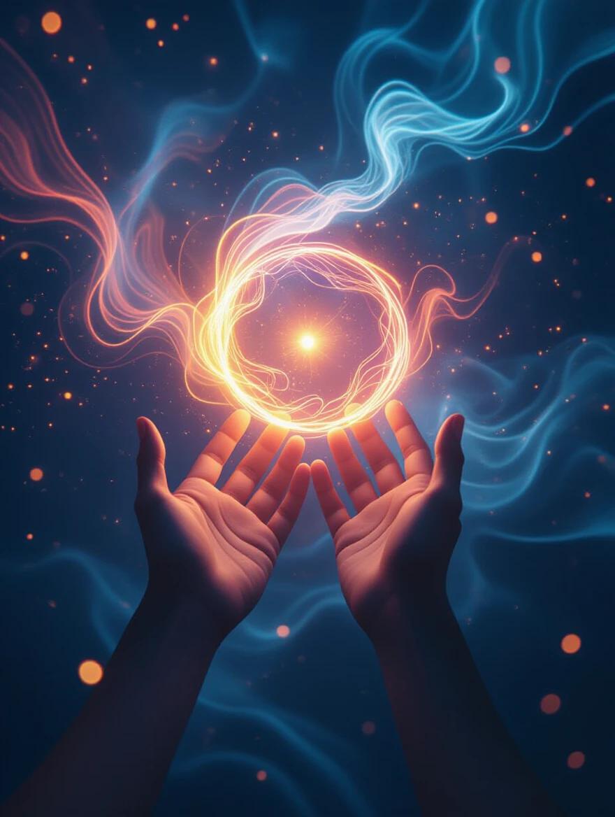 Abstract concept of time represents surreal visual metaphor. Hands grasp a glowing orb suspended in air. Neon lighting illuminates the scene. Background features bokeh effect. Dreamlike atmosphere evokes metaphysical energy.