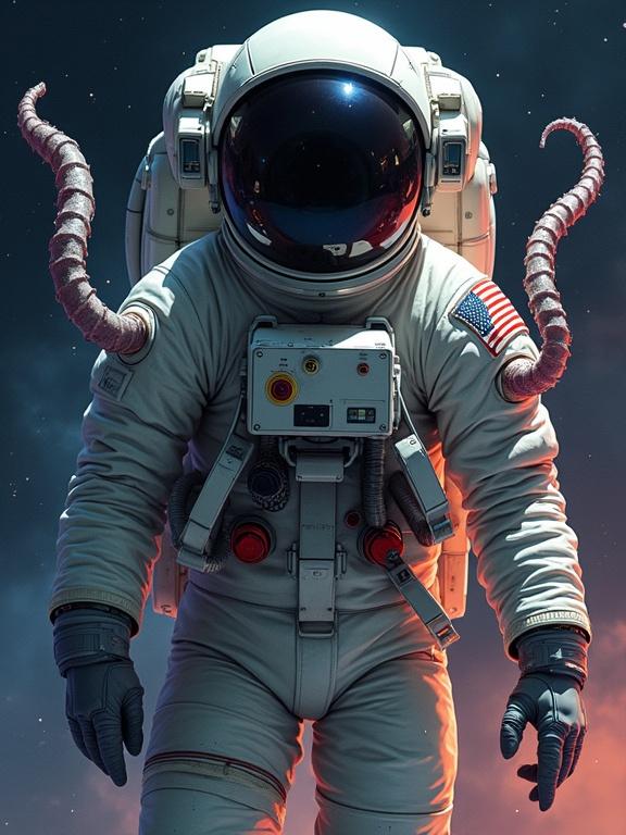 Dramatic anime-style scene features astronaut fused with serpent-like alien. Glowing tentacles attach to limbs and helmet. Partial transformation evident. Intense expressions visible. Dark space backdrop with nebula lights. Detailed shading throughout. High-energy composition combines science fiction and horror elements.