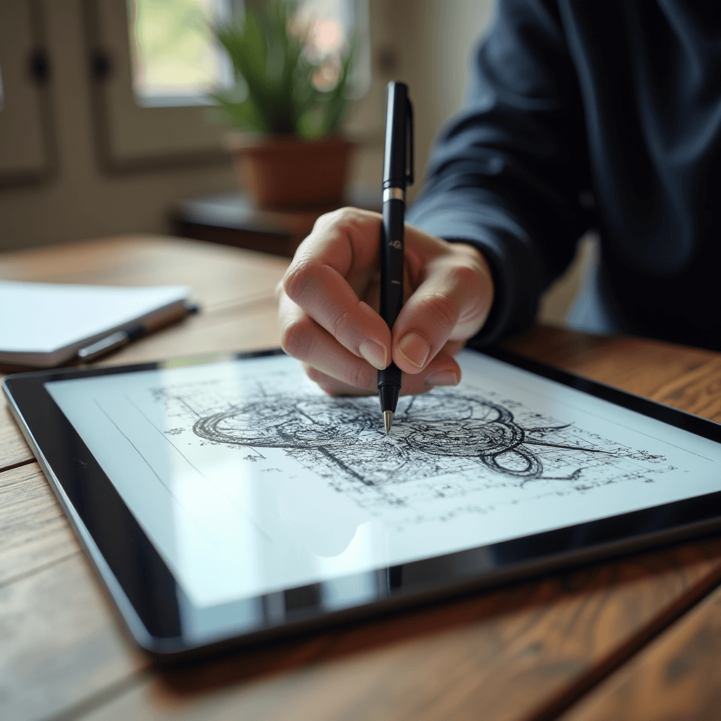 A person is using a stylus to create intricate designs on a tablet in a well-lit room with a plant in the background.