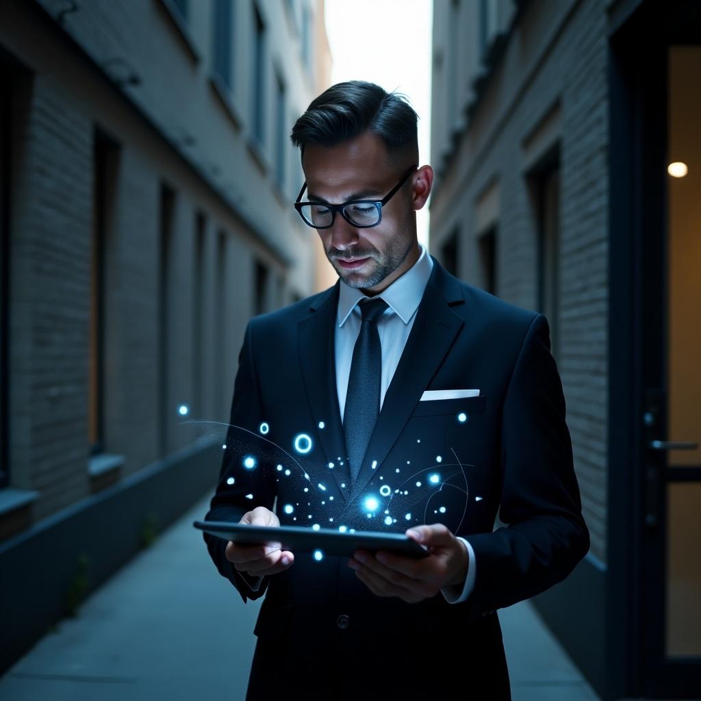 A man in a suit examines holographic data projections on a tablet. Scene takes place in an alley. Professional setting. Displays modern technology advancements.